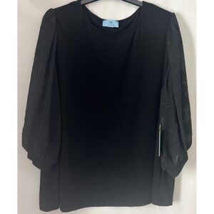CeCe Women's Blouse Plus Size 1X Essentials Sheer Embroidered Sleeves Black B18